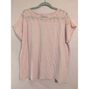 Toffee Apple Pink Lace Pearl Embellished Short Sleeve Top XXL Slub Cotton Womens